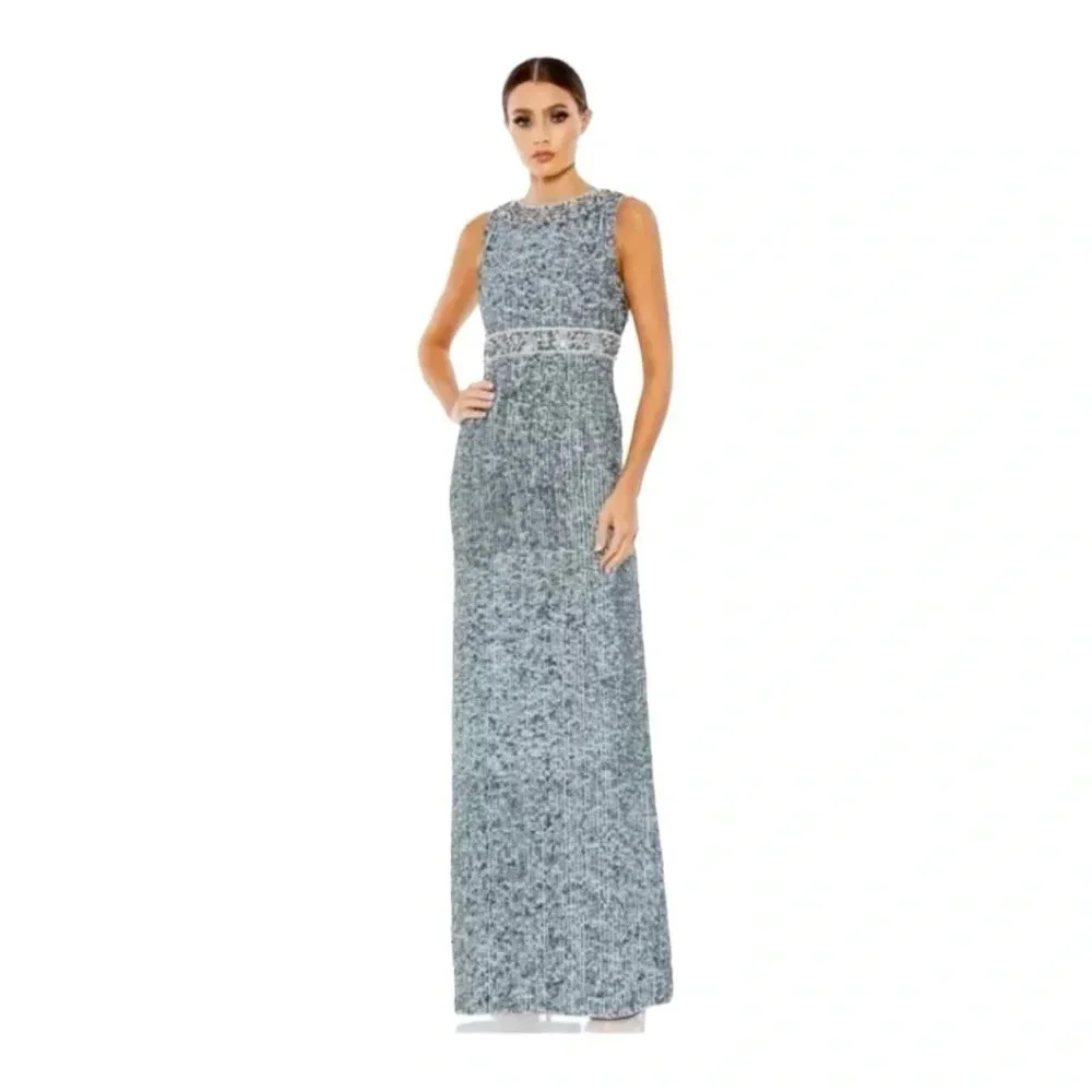 NEW Mac Duggal Slate Blue Fully Beaded Sequin Floral Neckline Gown NWT‎ Size 16